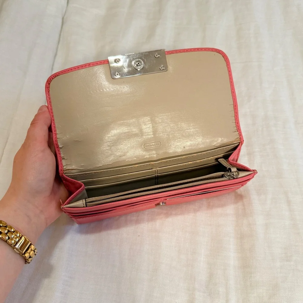 Coach Coral Pink Leather Slim Envelope Turnlock Wallet Silver Hardware